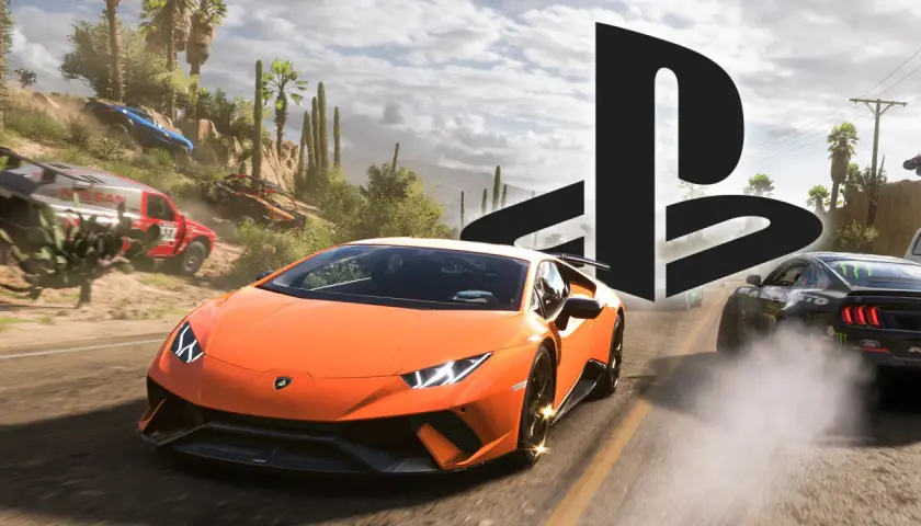 Rennwagen rasen durch eine staubige Wüstenlandschaft, bereit für den Forza Horizon 5 Release. Ein orangefarbener Lamborghini und ein Mustang mit Monster Energy-Aufklebern dominieren die Szene.