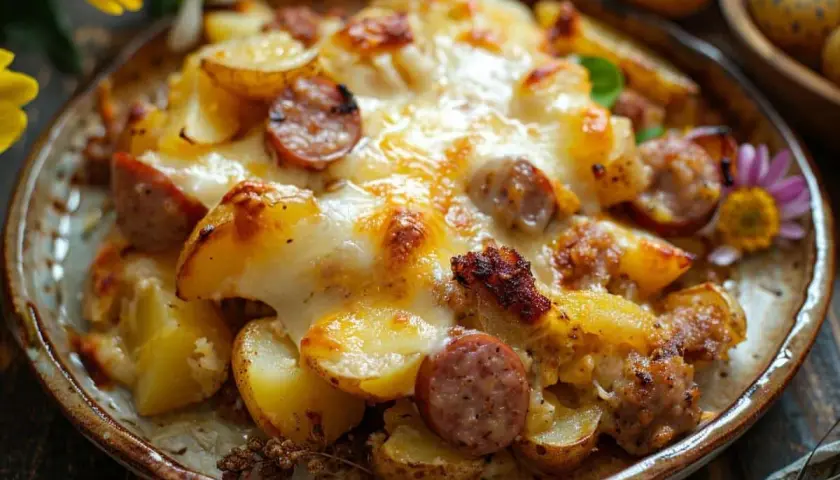 Un délicieux gratin de pommes de terre et saucisses, gratiné au fromage fondant, servi dans une assiette rustique.
