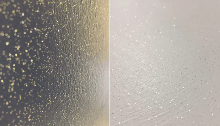 Pareti con brillantini dorati e argentati, un effetto scintillante che cattura la luce.