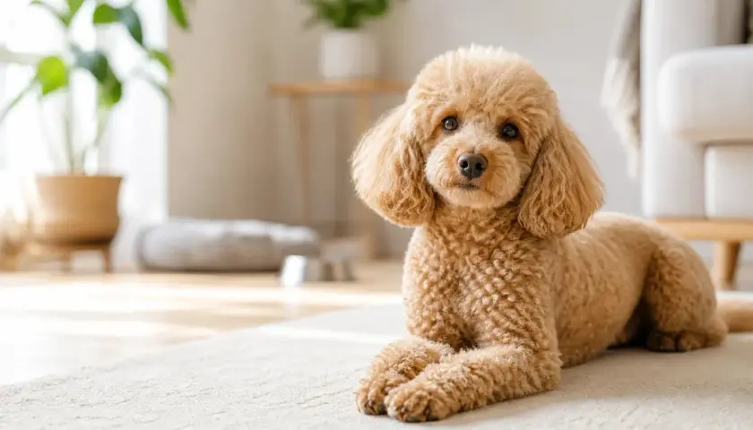 Caniche marrón tumbado en una alfombra, con plantas y muebles de fondo. Aunque son perros sanos, se debe vigilar de qué suelen morir los caniches.