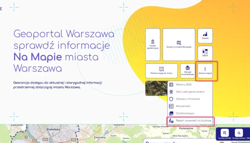 Interfejs Geoportalu Warszawa z widocznym menu i opcją "Rejestr pozwoleń na budowę".