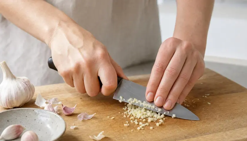 Mani che tritano finemente l'aglio su un tagliere di legno, esaltando le sue proprietà benefiche in cucina.