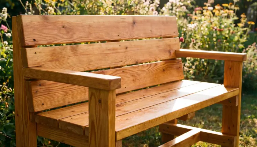 Eine **coole Gartenbank selber bauen** ist gar nicht schwer! Dieses Schmuckstück aus Holz steht im Sonnenschein inmitten blühender Blumen.
