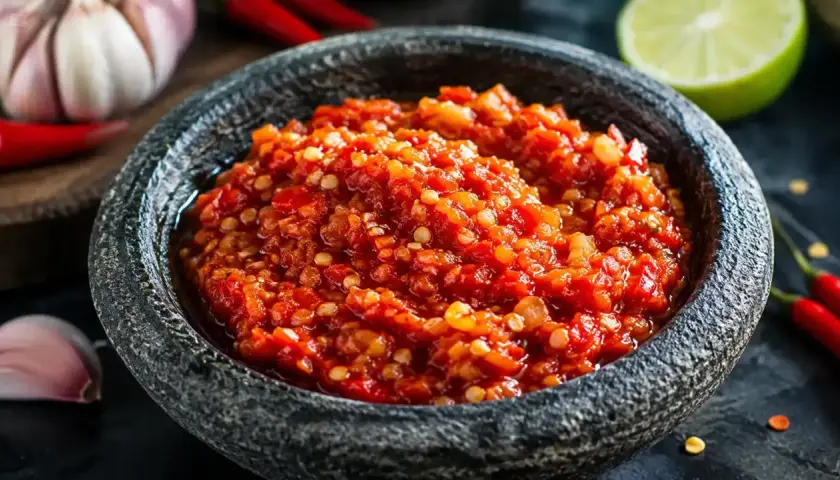 En skål med kryddig sambal oelek sås, omgiven av färska chilifrukter, vitlök och en limeklyfta. Perfekt för att ge hetta till maten.