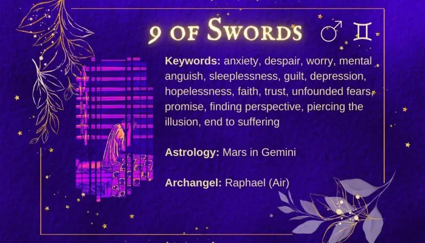 Karta 9 mieczy tarot: osoba pogrążona w zmartwieniach, symbolizująca lęk i bezsenność.