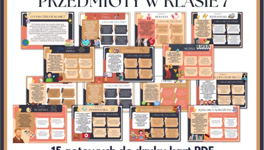 Przedmioty w 7 klasie: fizyka, matematyka, biologia, język polski, etyka, muzyka, chemia, informatyka, plastyka, religia, wychowanie fizyczne, język obcy.