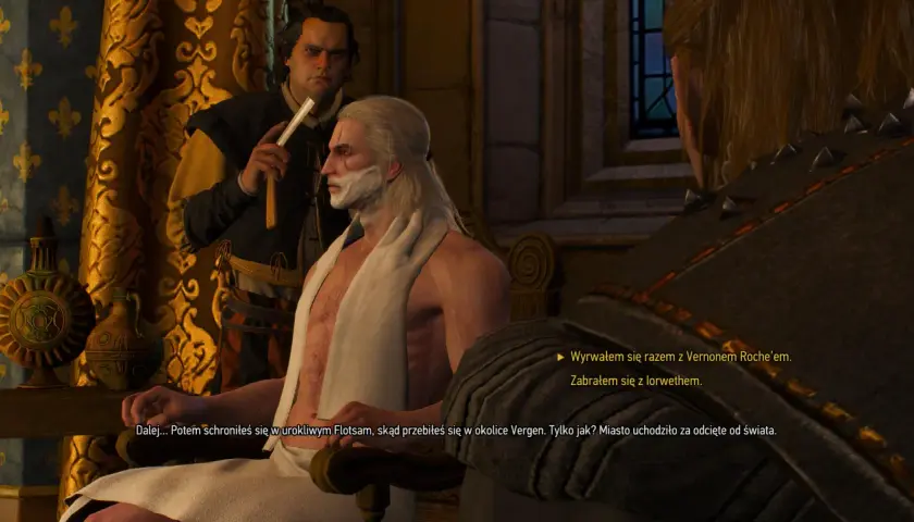 Geralt z W2, golony brzytwą, słucha opowieści o ucieczce z Flotsam.