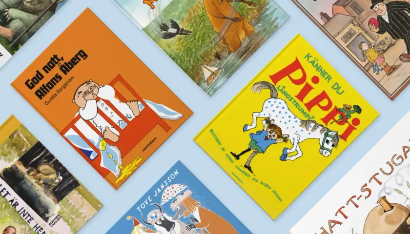 En samling klassiska svenska barnböcker, som "God natt, Alfons Åberg" och "Känner du Pippi Långstrump?", inspirerar till att skriva barnlitteratur.