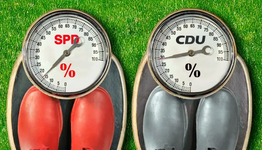Zwei Waagen mit Parteisymbolen: SPD und CDU. Die Waagen zeigen Prozentwerte, die auf die Stärke der koalition parteien hindeuten.