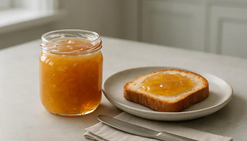 En burk med rabarbermarmelad med citron står bredvid en rostad brödskiva med marmelad på. En kniv och en servett ligger på bordet.