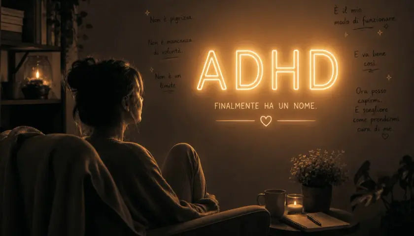 Donna seduta riflette su "ADHD Finalmente ha un nome". Non è pigrizia, ma il suo modo di funzionare. Ora si capisce e si prende cura di sé.