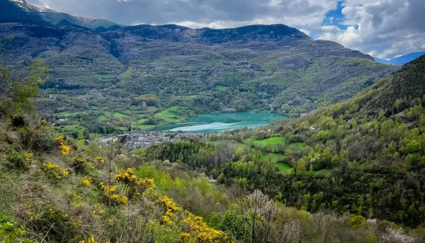 Vista panorámica del **Valle de Benasque** con un lago turquesa, un pueblo y montañas cubiertas de vegetación. Flores amarillas en primer plano.