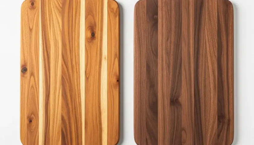 Two wooden cutting boards side-by-side: one light acacia wood, the other dark walnut.