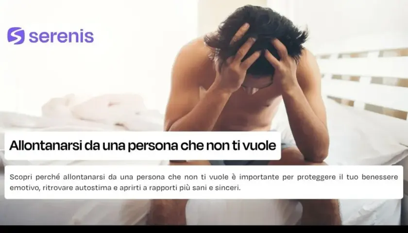 Uomo seduto sul letto con le mani tra i capelli, disperato. Il testo suggerisce: allontanati da chi non ti apprezza per ritrovare benessere.