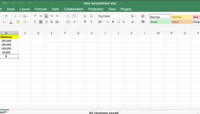 Foglio di calcolo Excel con ricavi trimestrali e totale. Il calcolo iterativo è pronto per essere inserito.