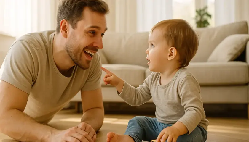 Ojciec śmieje się, gdy dziecko wskazuje palcem. Pokazuje pozytywne metody dyscyplinowania dzieci w przedszkolu, oparte na rozmowie i zabawie.