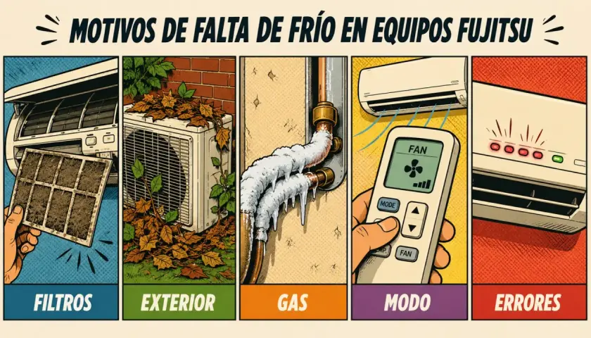 Motivos de falta de frío en aire acondicionado Fujitsu Inverter: filtros sucios, exterior obstruido, gas congelado, modo incorrecto o errores.