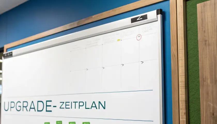 Upgrade-Zeitplan auf Whiteboard. Der Support-Ende von Office 2019 ist bald, daher wird hier der Plan für das Upgrade erstellt.