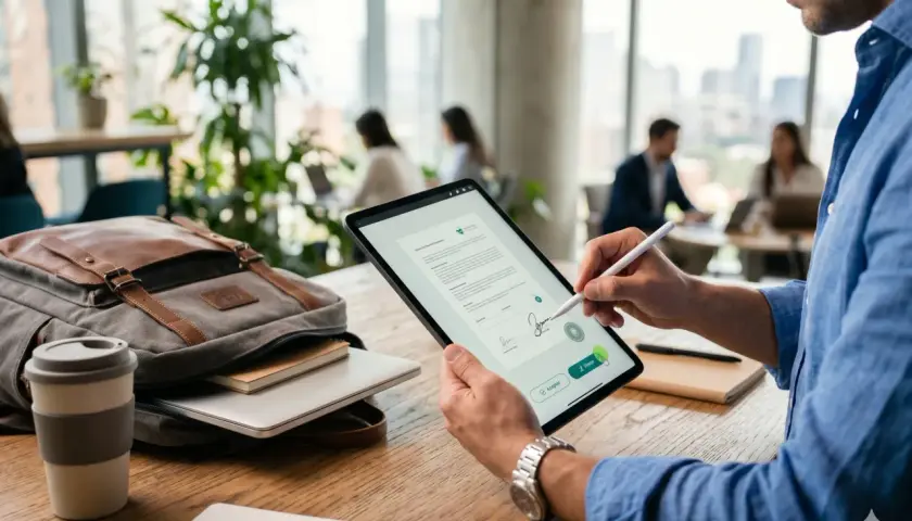 Hombre firma digitalmente un documento en tablet, un proceso clave para saber como renovar el certificado electronico.