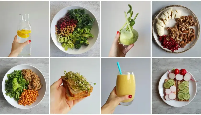 Zdrowe posiłki na płaski brzuch: woda z cytryną, sałatka z ciecierzycą, kalarepa, granola z owocami, ryż z warzywami, kanapka z kiełkami, smoothie, chrupki z warzywami.