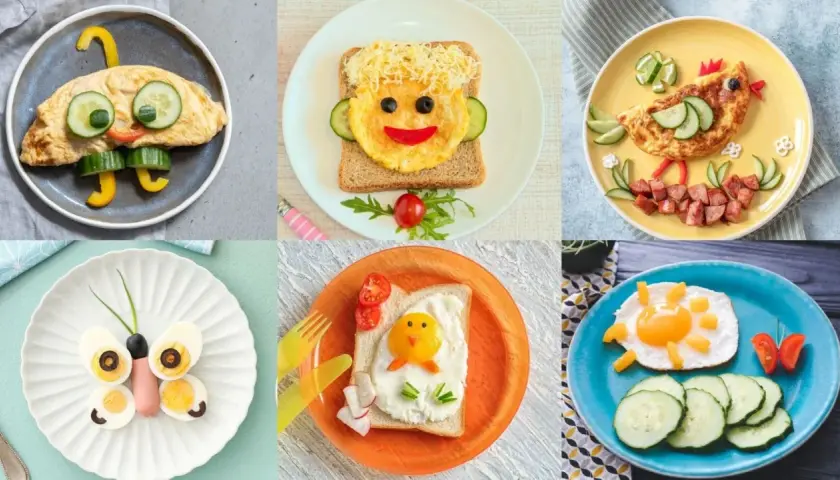 Des assiettes pleines d'imagination pour une recette œuf enfant : un parapluie, un visage, un poulet, un papillon, un poussin et un soleil.