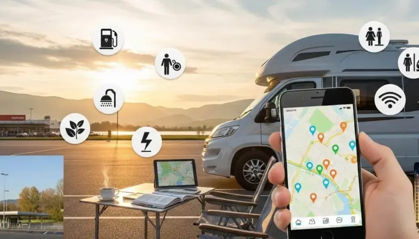 Application mobile pour trouver des services (essence, douche, électricité, etc.) pour un camping-car. Avis sur le park 4 night.