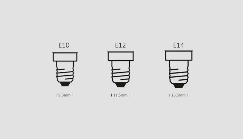 Ilustración de tres bases de bombilla (E10, E12, E14) con sus diámetros.
