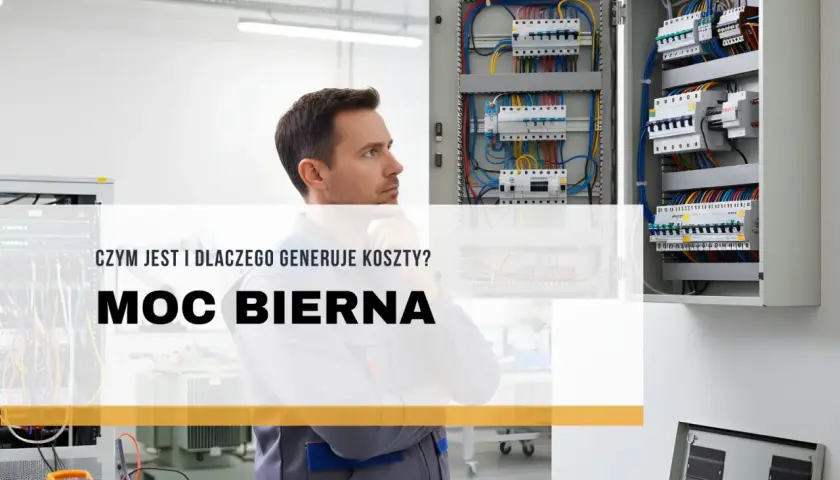 Elektryk zastanawia się nad problemem **mocy biernej**, która generuje niepotrzebne koszty. W tle widać rozdzielnice elektryczne.