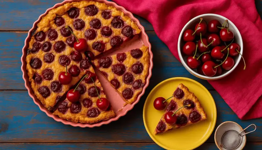 Un délicieux clafoutis aux cerises, encore chaud, est servi dans un plat rose. Une part est déjà sur une assiette jaune, accompagnée de cerises fraîches.