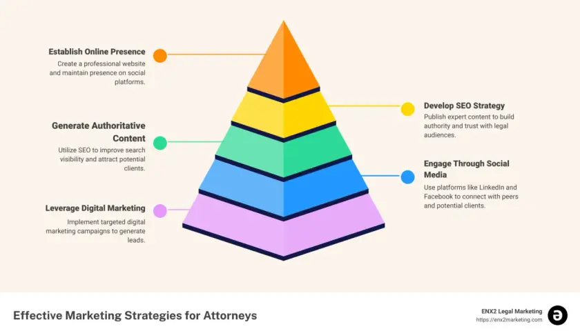Pyramid of marketing strategies for attorneys, building a commanding presence through online presence, content, and social media engagement.
