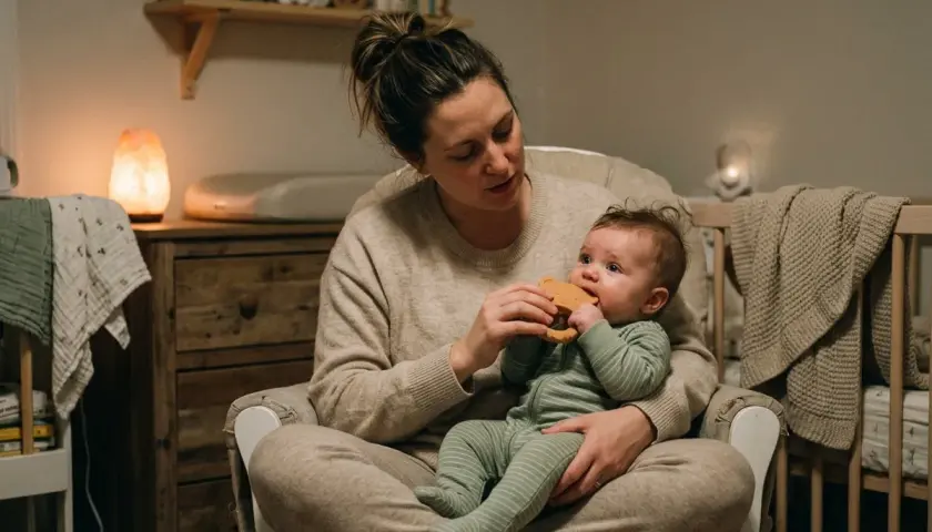 Mamma tröstar bebis med magont och ger en bitring. Mysig kvällsstämning med dämpad belysning.