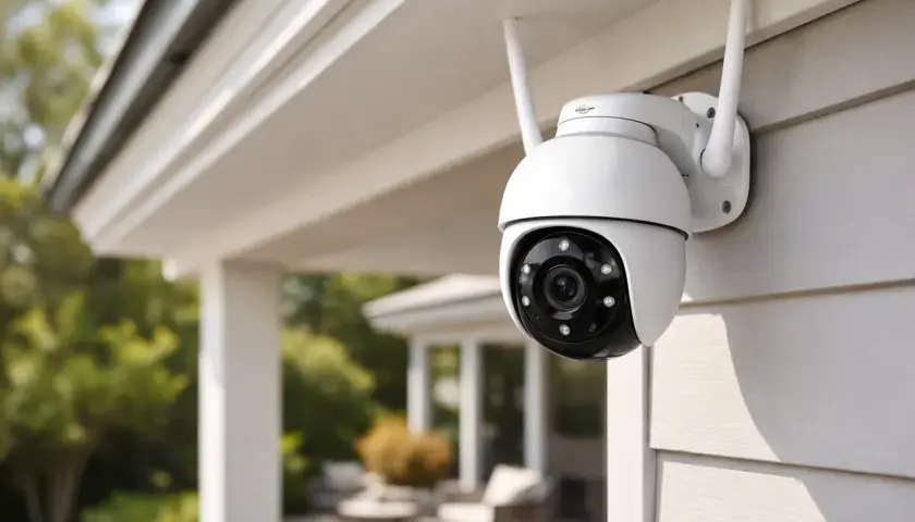 Une caméra de surveillance blanche est fixée sur un mur extérieur, soulevant des questions sur les caméras de surveillance et la vie privée.