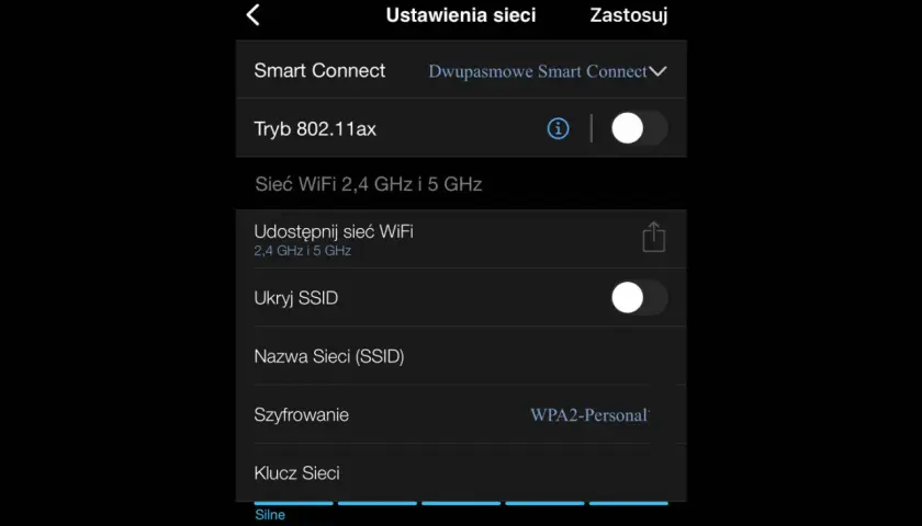Ustawienia sieci WiFi, gdzie można zmienić hasło do routera Orange. Widoczna nazwa sieci (SSID) i klucz sieci.