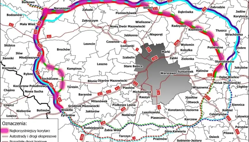 Trasa od Krakowa do Zakopanego, z zaznaczonymi autostradami i proponowanymi korytarzami dróg ekspresowych.