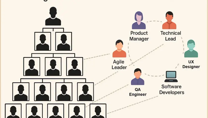Hierarchical org chart vs. a cross-functional team, illustrating different approaches to organizational management.