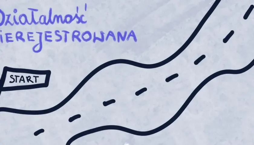 Droga z tabliczką "START" symbolizuje rozpoczęcie działalności bez rejestracji.