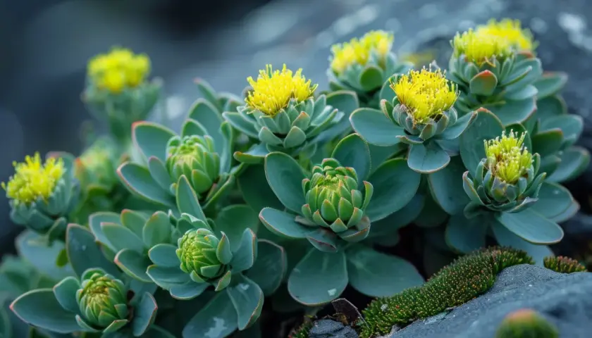 Roccioso paesaggio con piante succulente verdi e gialli fiori. La rodiola, nota per le sue proprietà adattogene, fiorisce con vigore, simbolo di vitalità e sessualità.