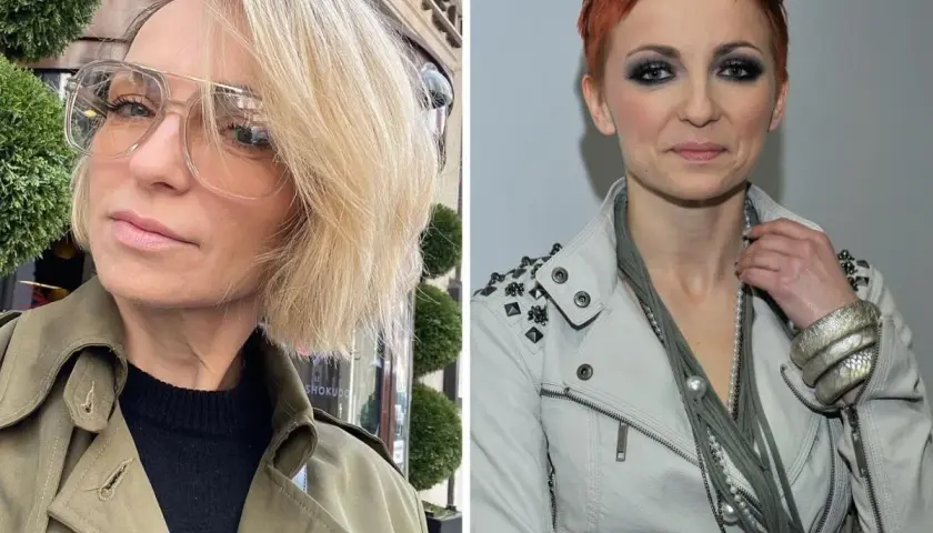 Anna Wyszkoni w dwóch odsłonach: z blond włosami i okularami, oraz z krótkimi rudymi włosami i wyrazistym makijażem.
