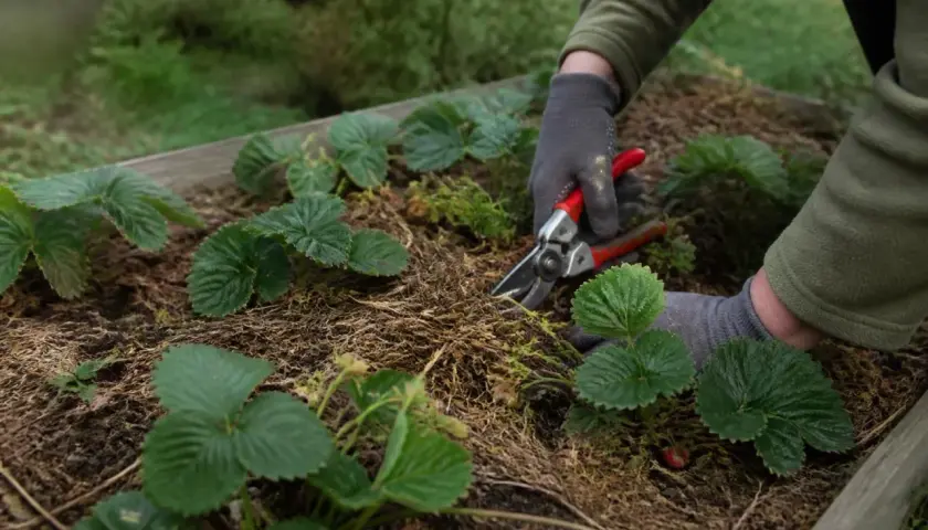 Hände in Handschuhen schneiden mit einer Gartenschere die Erde um junge Erdbeerpflanzen. Die Erdbeeren nach der Ernte werden gepflegt.