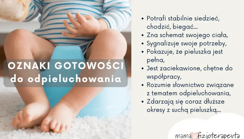 Dziecko siedzi na nocniku, gotowe do odpieluchowania. Widoczne oznaki gotowości: stabilne siedzenie, sygnalizowanie potrzeb, sucha pieluszka.