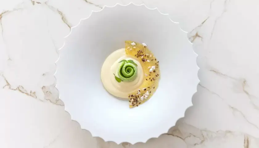 Dessert crémeux avec spirale verte, garni de fruits confits et graines.