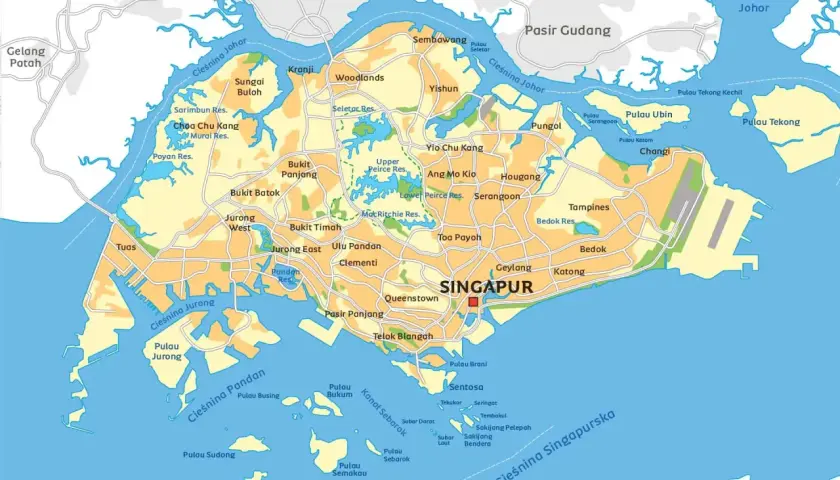 Mapa pokazuje gdzie leży Singapur, otoczony przez Malezję i Indonezję, z licznymi wyspami i cieśninami.