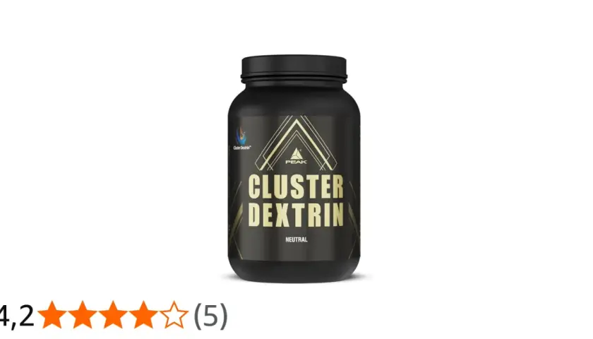 Schwarzer Behälter mit "Cluster Dextrin" Aufschrift. Die Bewertung von 4,2 Sternen deutet auf mögliche Nachteile hin, die Nutzer diskutieren.