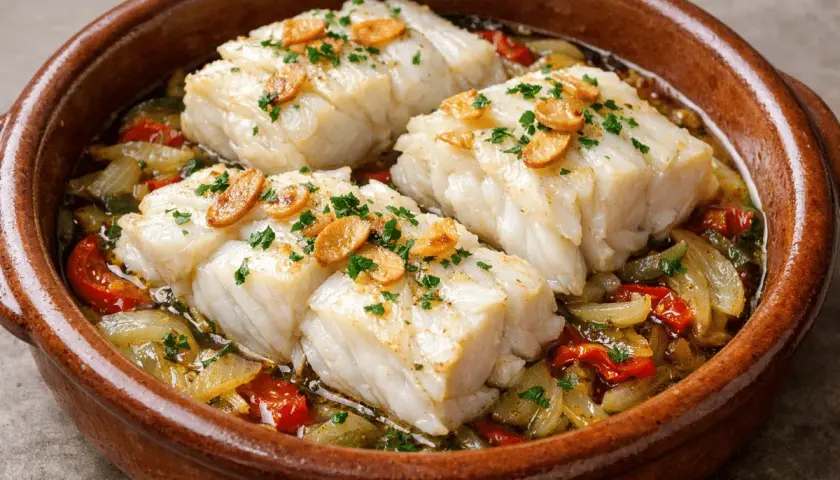 Bacalao al horno jugoso, servido en cazuela de barro con pimientos, cebolla y ajo crujiente.