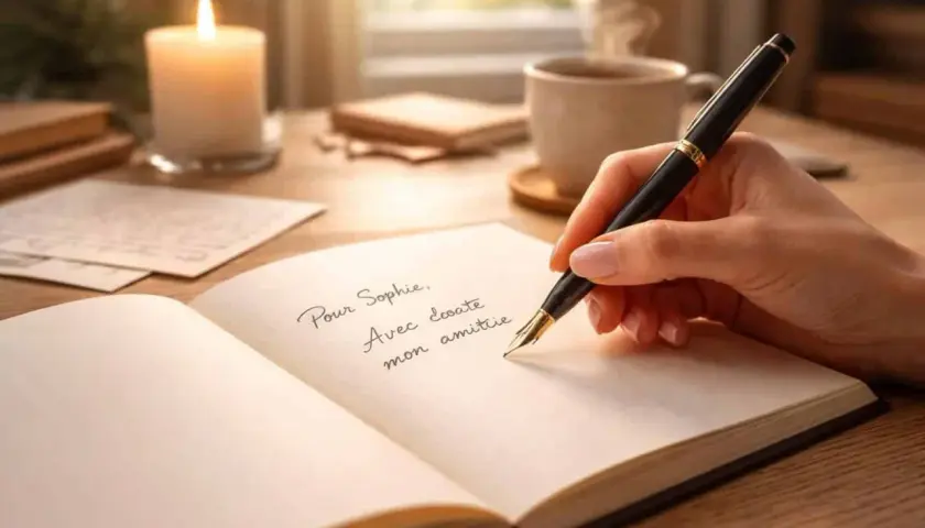 Une main écrit "Pour Sophie, Avec toute mon amitié" dans un carnet, évoquant les plus belles dédicaces de livres. Une bougie allumée et une tasse de café complètent la scène.