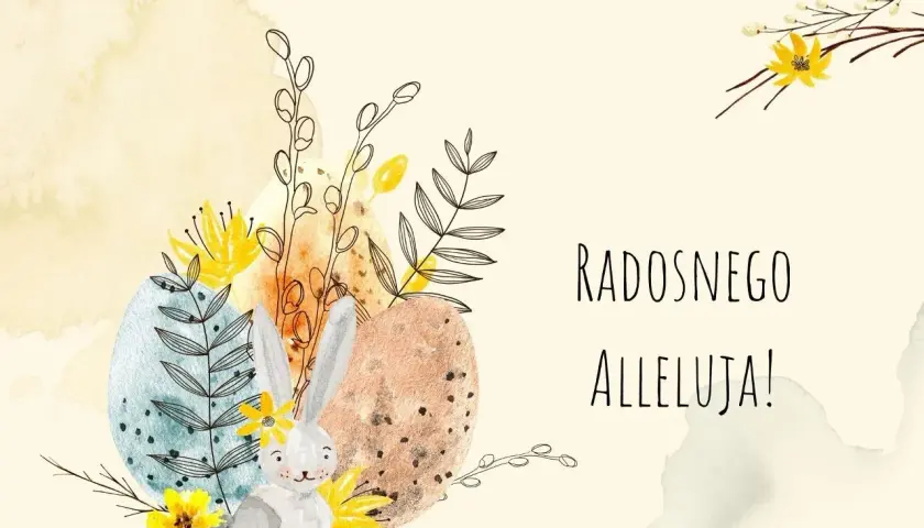 Uroczy zajączek i pisanki wśród wiosennych kwiatów. Radosnego Alleluja!