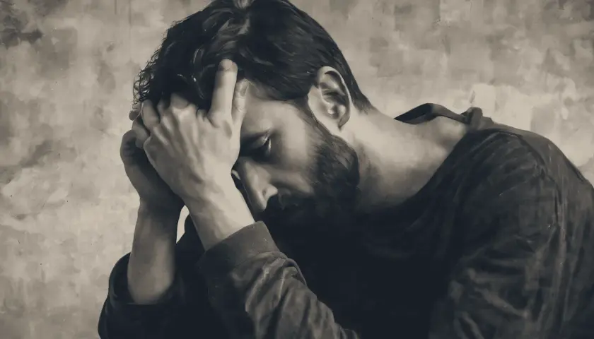 Uomo pensieroso con le mani tra i capelli, riflette su cosa scrivere ad un uomo che non ti cerca.