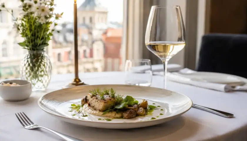 Eleganckie danie rybne z ziołami i ziemniakami na talerzu, kieliszek białego wina, świeże kwiaty. Uczta godna restauracji z gwiazdką Michelin Polska.