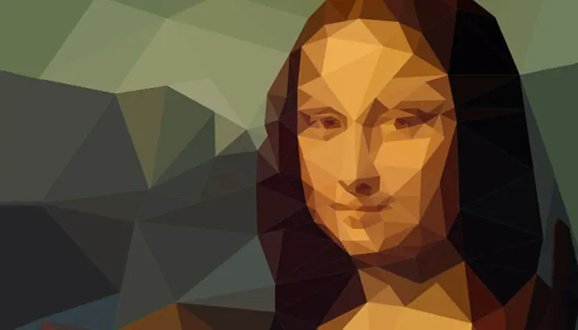 Geometrische Interpretation der Mona Lisa von Da Vinci, mit polygonalen Formen und erdigen Tönen.