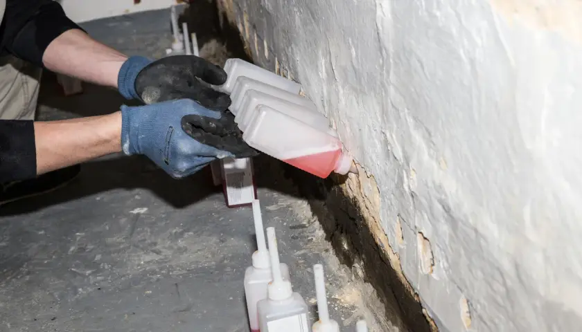 Hände mit Handschuhen führen kleine Flaschen mit roter Flüssigkeit an eine Wand, um einen Lichtschacht abzudichten.